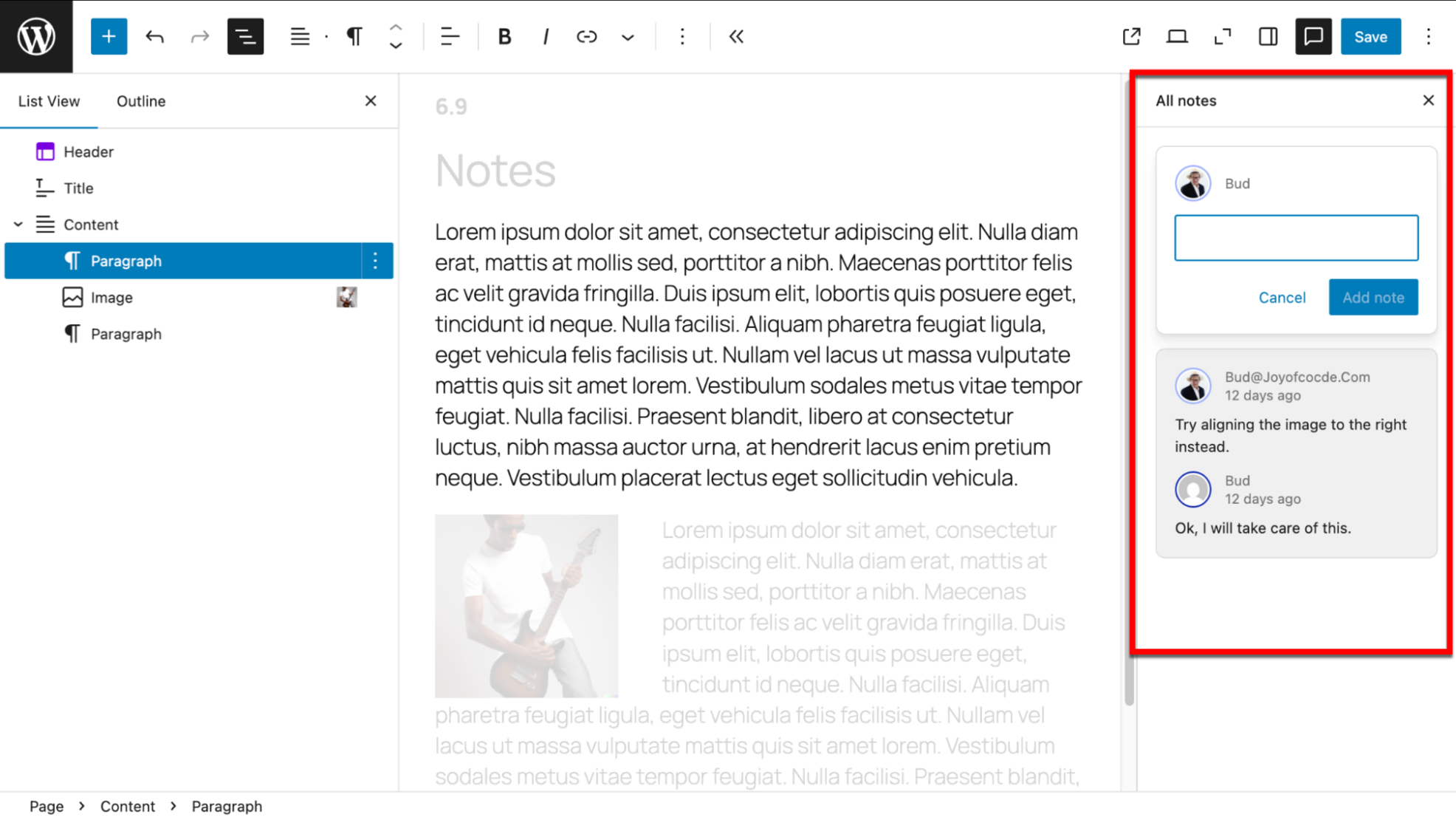 The block note threads on the right side of the editor panel