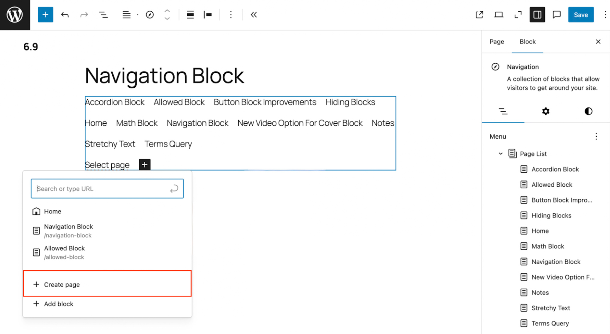 A navigation block with the "Create page" option highlighted