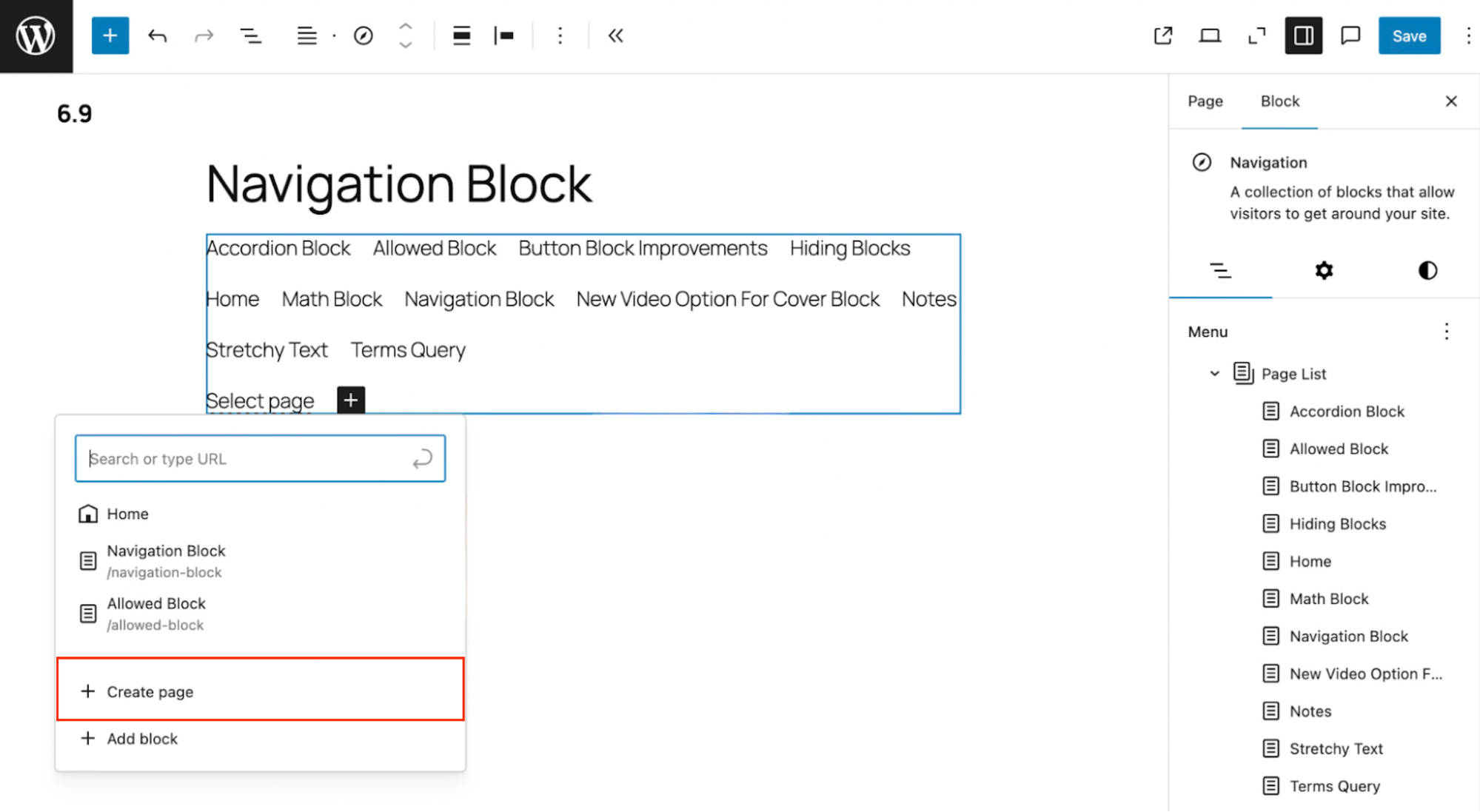 A navigation block with the "Create page" option highlighted