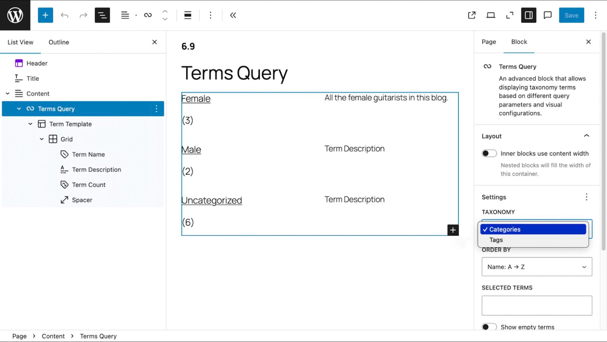 Terms Query block with the taxonomy settings shown to select between Categories and Tags
