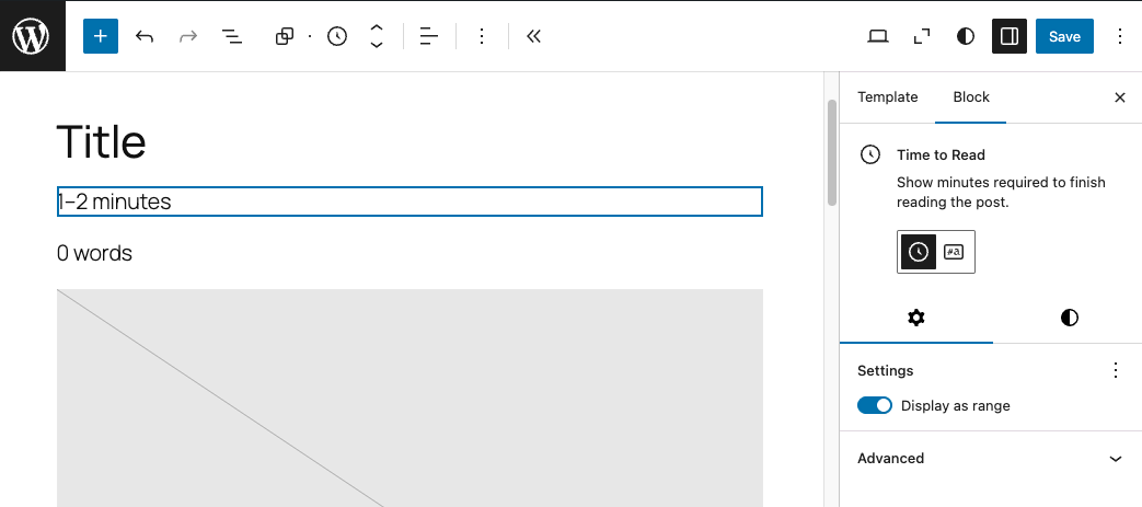 Time to Read and Word Count blocks displayed in the block editor