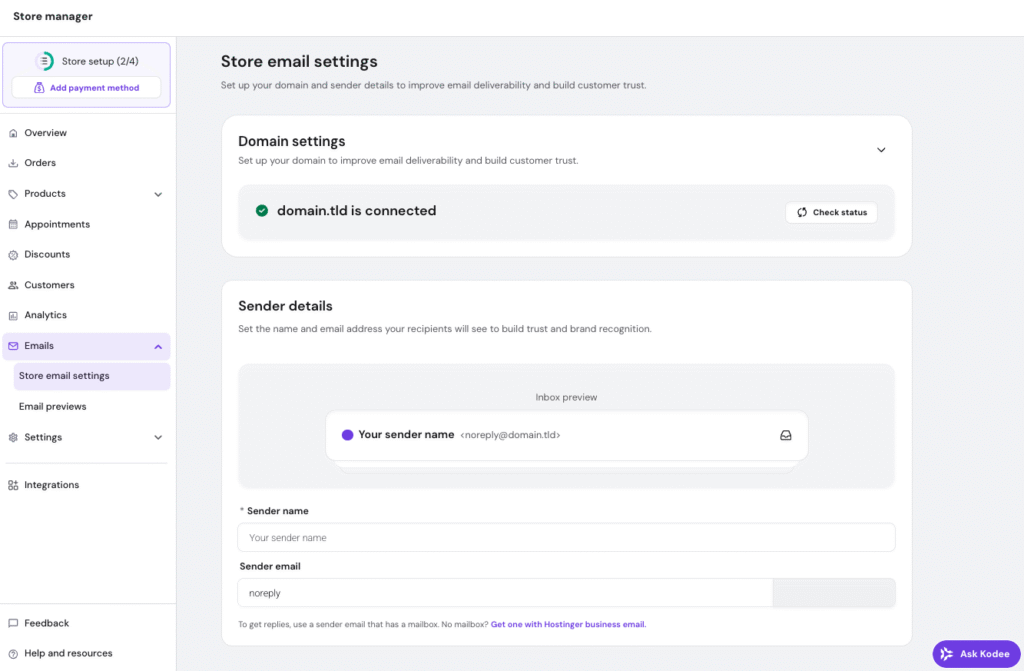 Store email settings in Hostinger Website Builder. 
