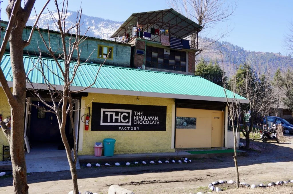 Front of The Himalayan Chocolate factory with mountains in the background