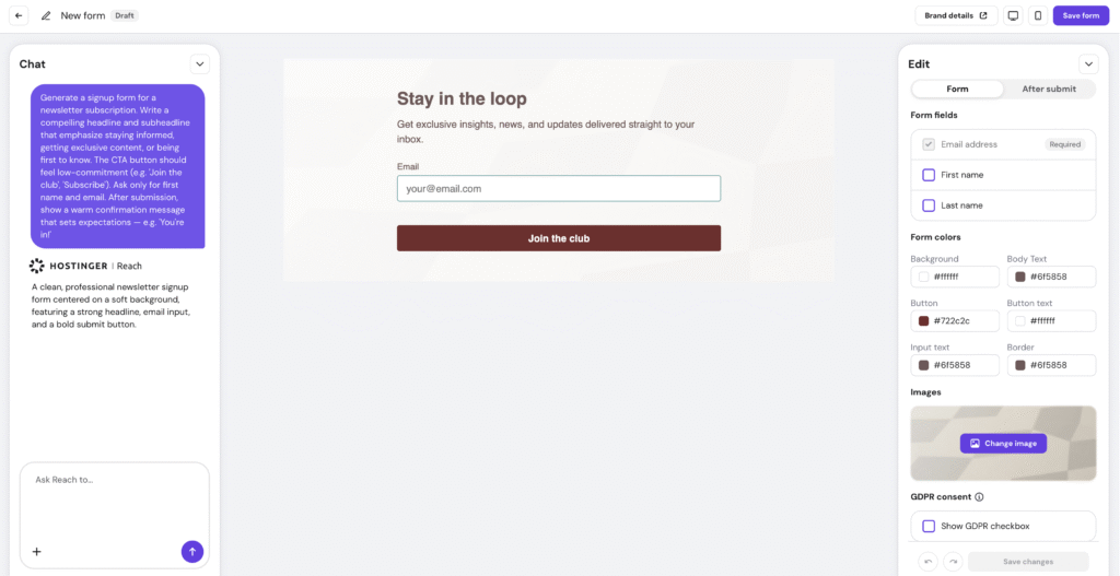 AI form builder in Hostinger Reach. 