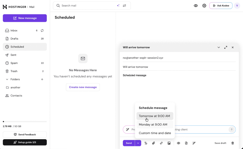 Email scheduling in Hostinger webmail.