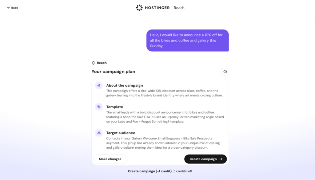 Illustration of creating a full email run successful 1 punctual done Hostinger Reach