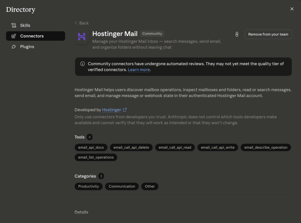 The Hostinger Mail connector page connected Claude AI