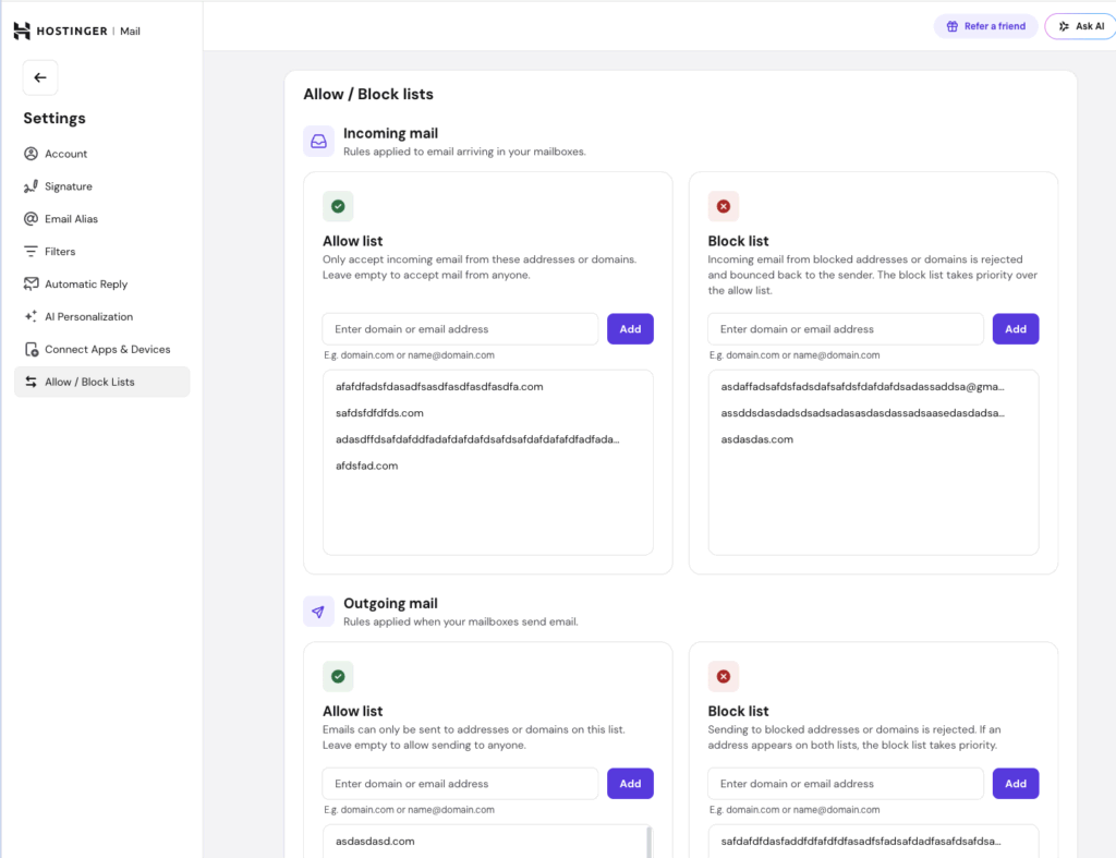 The recently added Allow/Block database characteristic connected Hostinger Mail