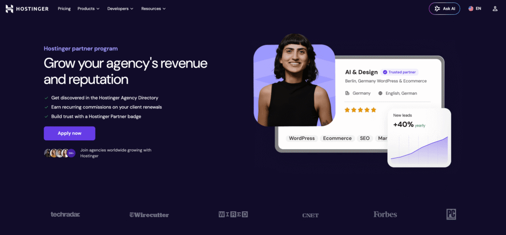 Hostinger Partner Program landing page headlined "Grow your agency's gross and reputation"