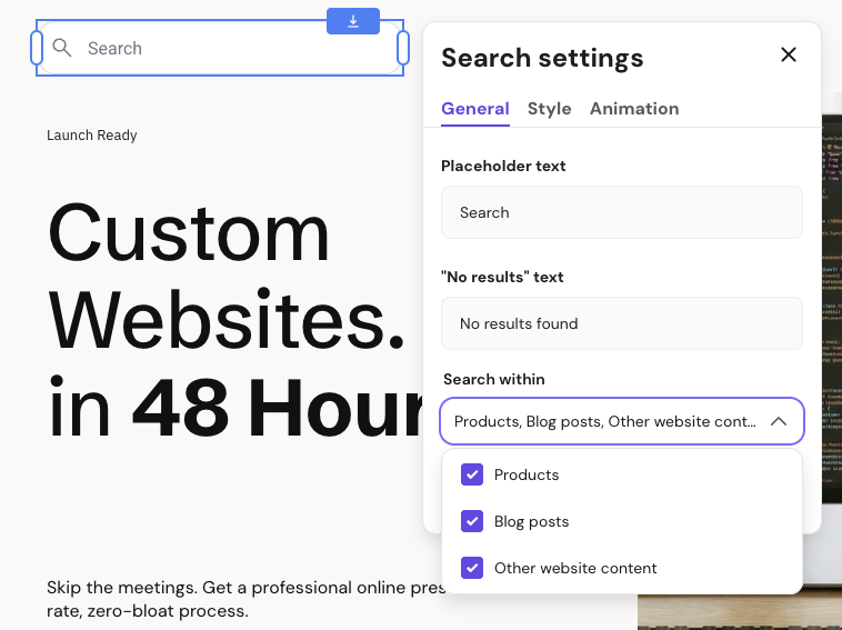 The Search constituent connected Hostinger's drag-and-drop website editor