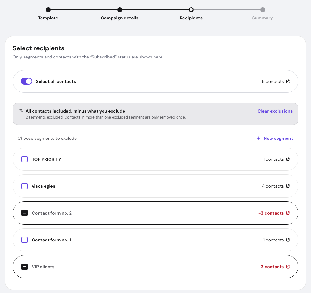 Reach campaign recipient step with "select all contacts" on and two segments, VIP clients and a contact form, marked as excluded
