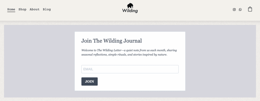 Wilding's website showing a "Join The Wilding Journal" newsletter signup form with an email field and Join button.