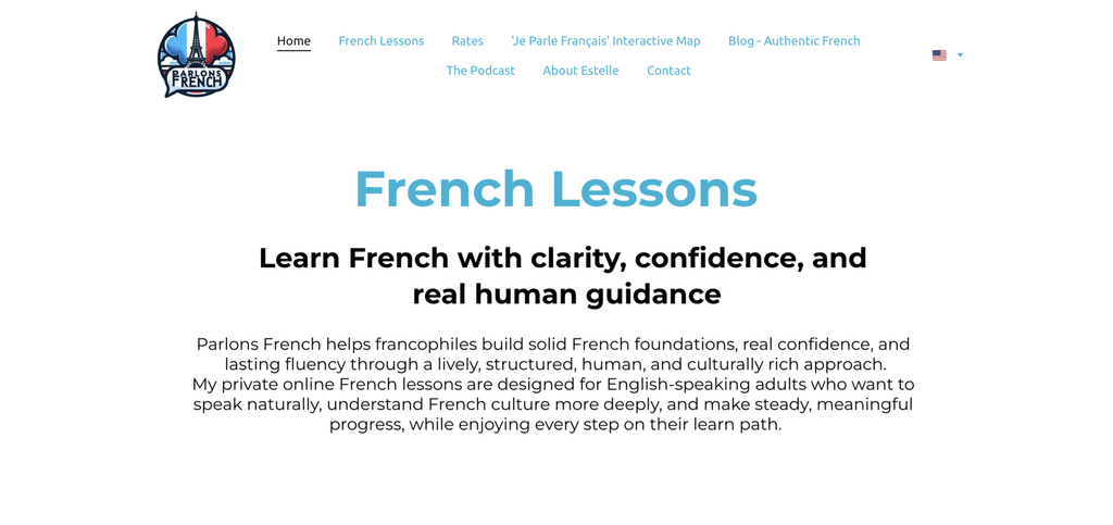Parlons French homepage alongside an Eiffel Tower logo in a address bubble and a list that includes Rates and About Estelle, complete the heading “French Lessons” and a abbreviated introduction explaining that the personal online lessons assistance English-speaking adults conversation French naturally and comprehend French culture.