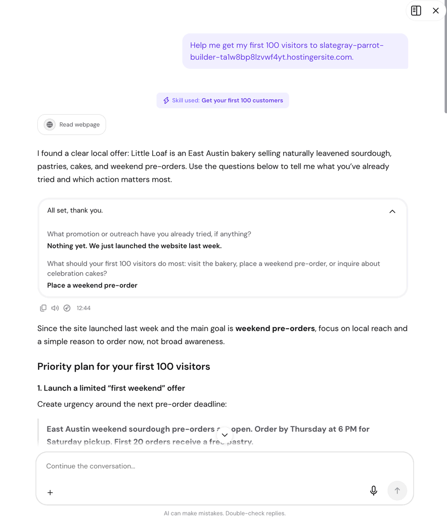 Hostinger Agent conversation in hPanel analyzing the Little Loaf bakery website, asking what the owner has tried so far and what visitors should do, afterward ranking a constricted first-weekend pre-order recommendation as the top tactic