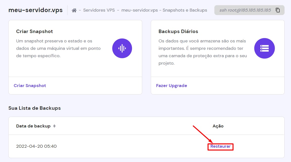 Restauração de um backup de VPS