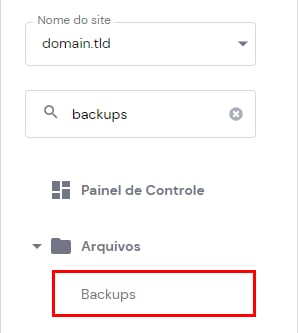 Configurações de backup na área de gerenciamento do site