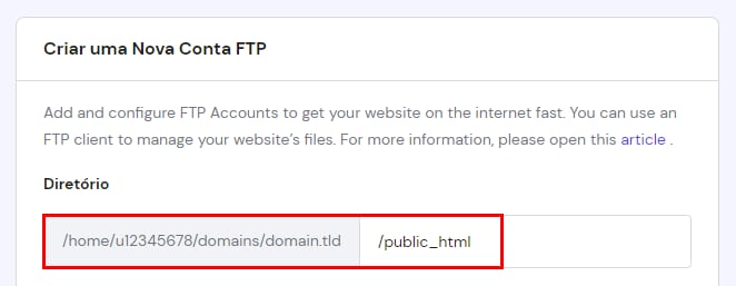 A seção Criar nova conta FTP mostrando o caminho da pasta raiz