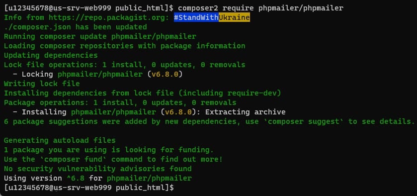 Uma janela de terminal mostrando a saída de uma instalação bem-sucedida do phpmailer usando composer2