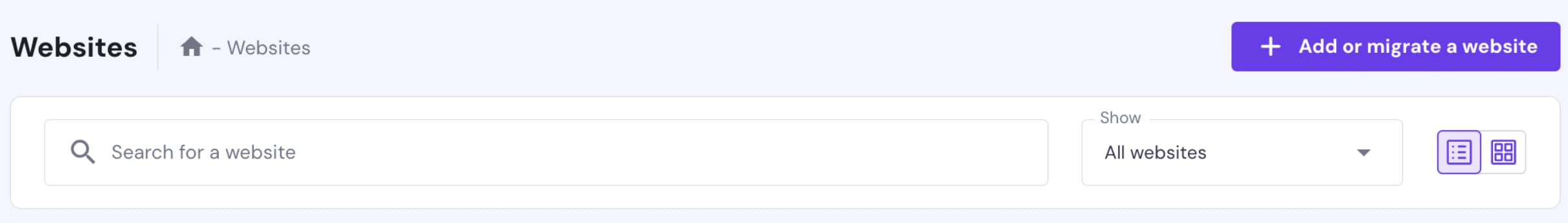 Opções de pesquisa e filtragem na seção Sites da Hostinger