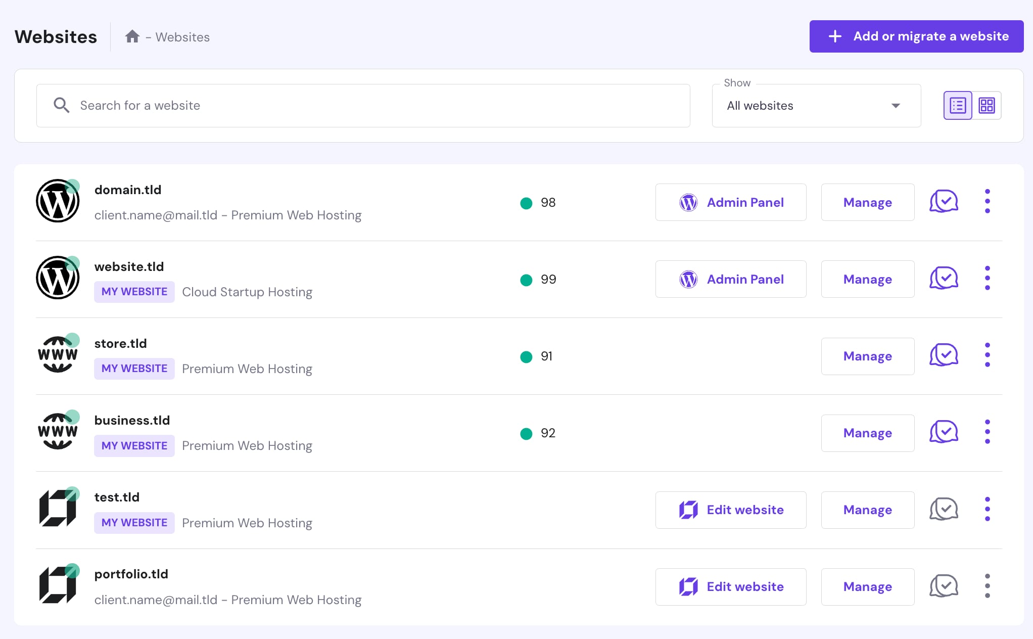 A seção Sites do hPanel
