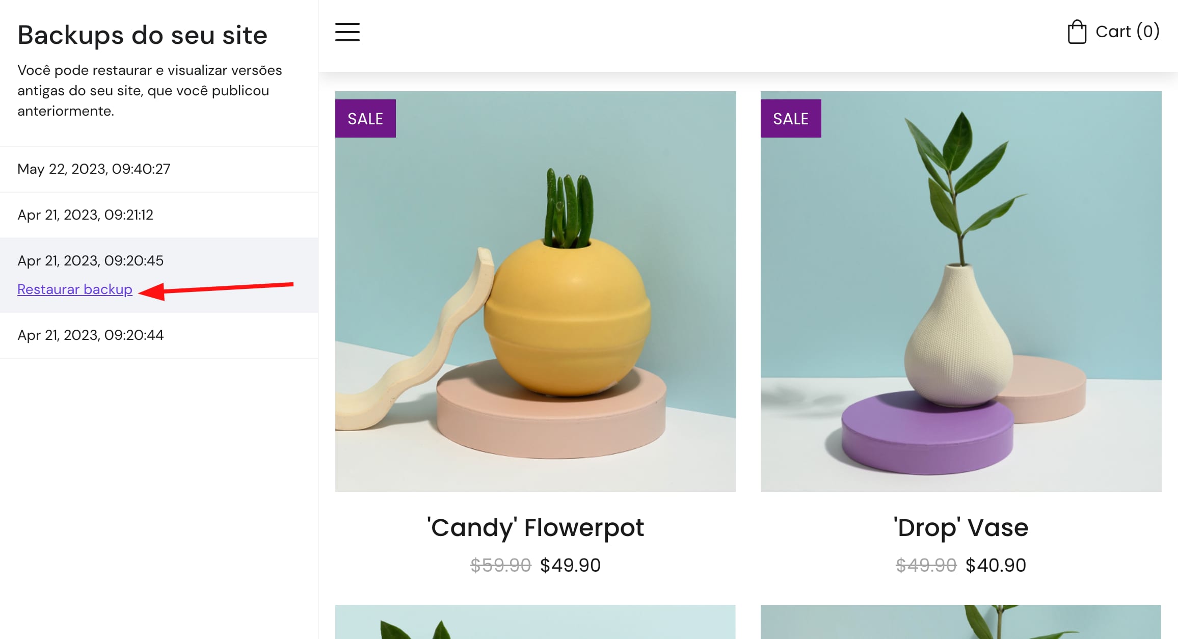 Restaurando uma versão preferida de um site criado com o Hostinger Website Builder