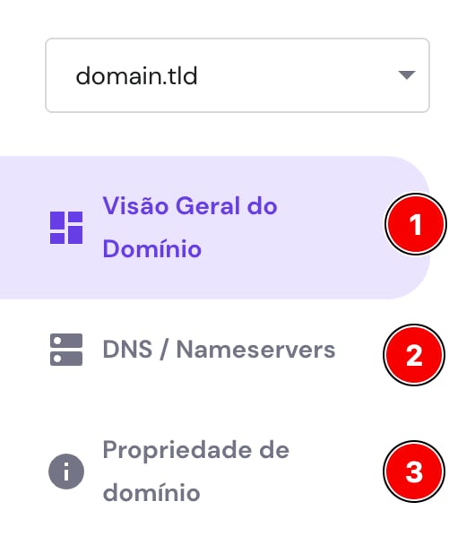 A barra lateral da seção Domains mostra as opções para verificar Visão geral do domínio, DNS Zone / Nameservers e Propriedade do domínio