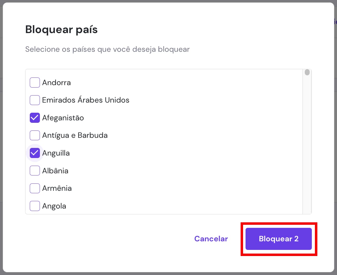 Bloqueio do acesso dos países selecionados ao seu site