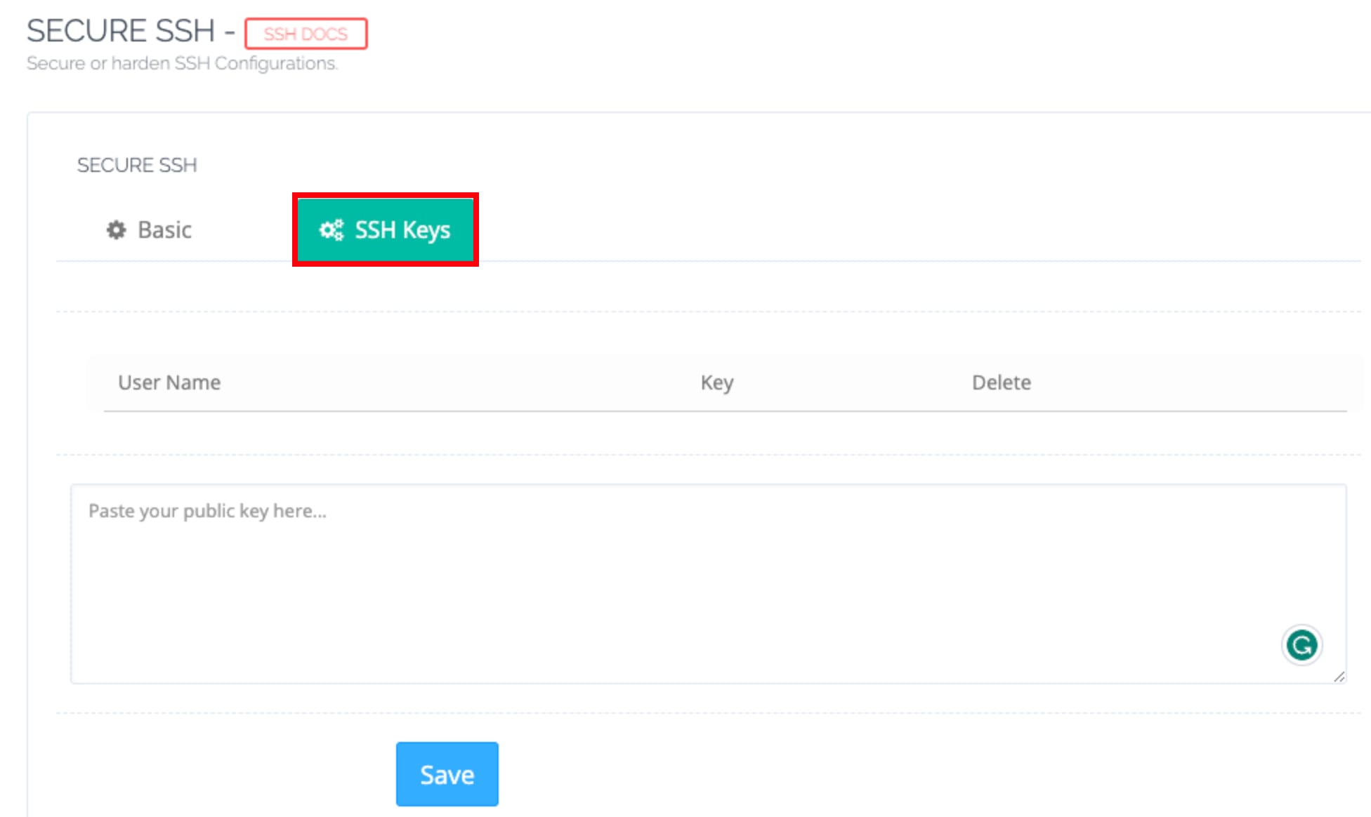 Adicionando uma chave SSH no CyberPanel