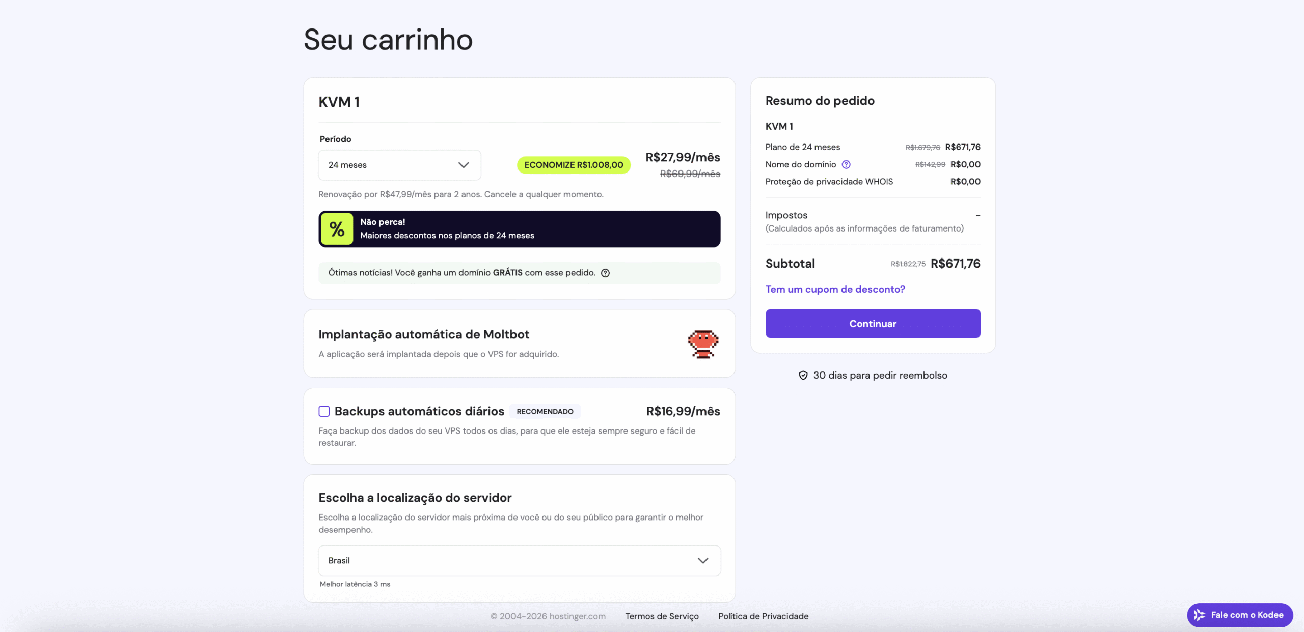 P&aacute;gina de compra do Moltbot na Hostinger