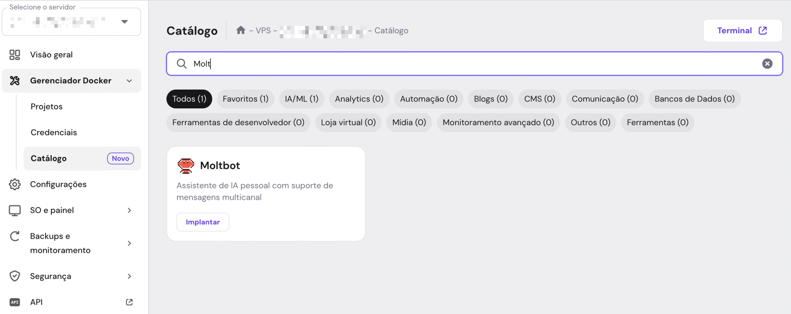 Cat&aacute;logo Moltbot Docker na Hostinger