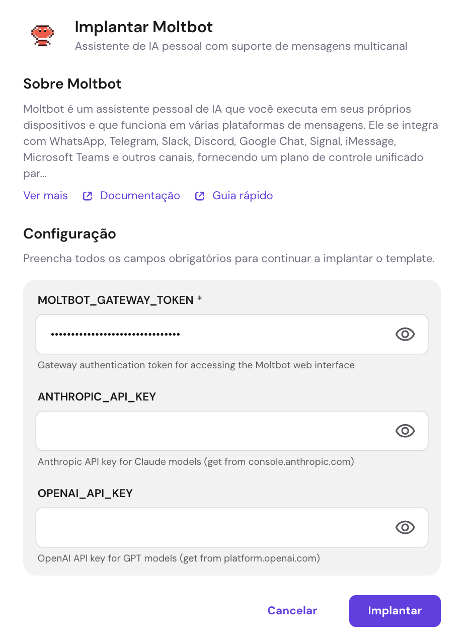 Configura&ccedil;&atilde;o do Moltbot na Hostinger