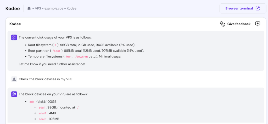 Kodee exibe o consumo atual do disco VPS e os dispositivos de bloco
