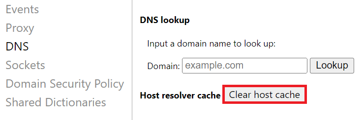 Página interna do Google Chrome com o botão “Clear host cache” destacado para limpar o cache DNS.