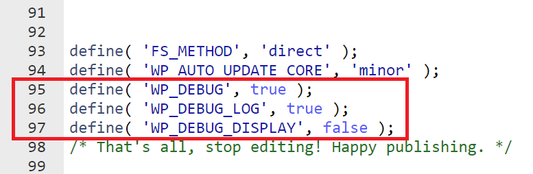 Editor de arquivos do hPanel exibindo o arquivo wp-config.php com as linhas do modo de depuração do WordPress destacadas.