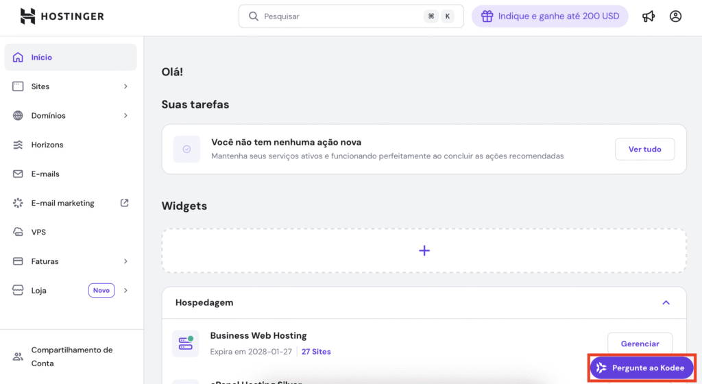 botão "pergunte ao kodee" no hpanel