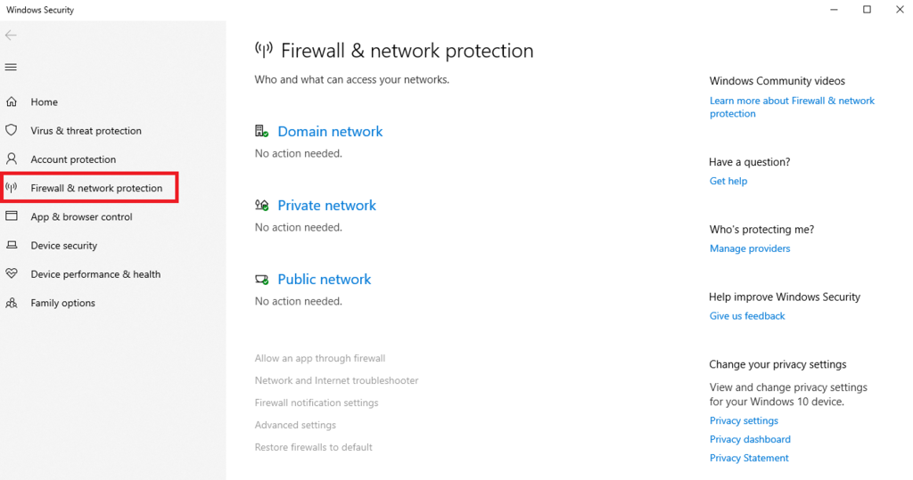 Opções de segurança do Windows com a seção “Firewall e proteção de rede” destacada.