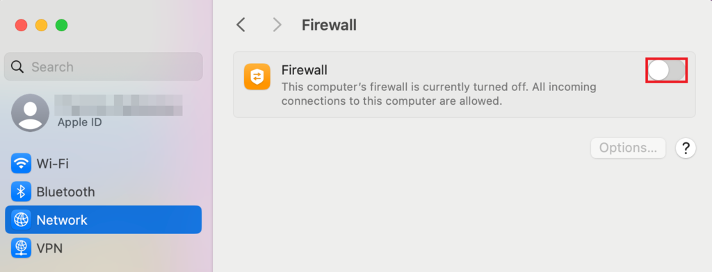 Janela de configurações do macOS com a opção de firewall selecionada.