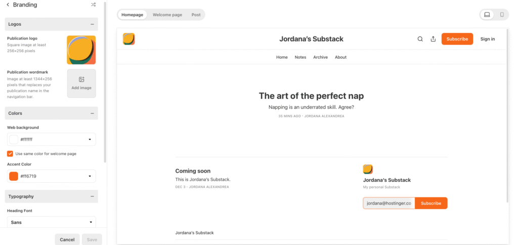 Configurações de personalização do Substack com opções de layout e cores da página.