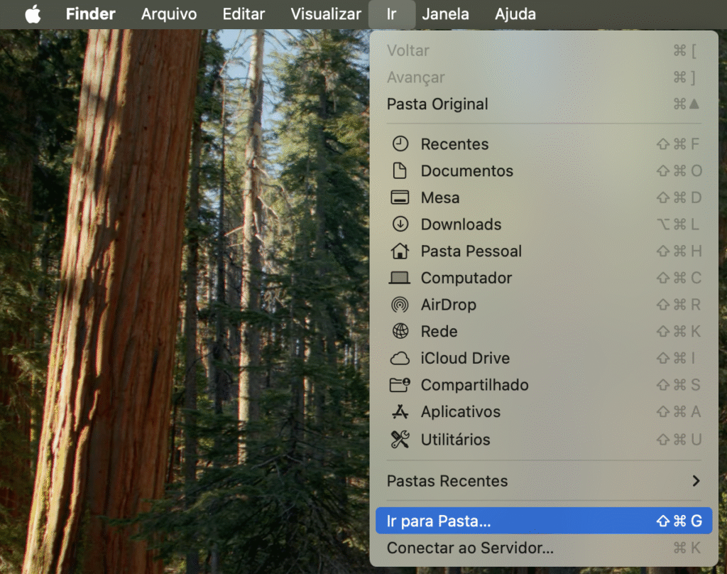 botão "ir para pasta" no menu "ir" do finder no macOS