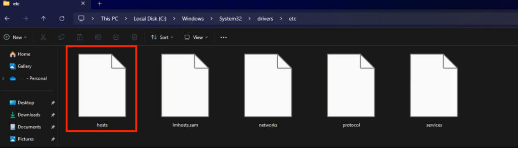 arquivo hosts no explorador de arquivos do windows