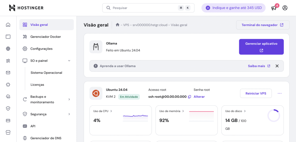 tela de visão geral de vps da Hostinger com destaque para a opção SO e painel