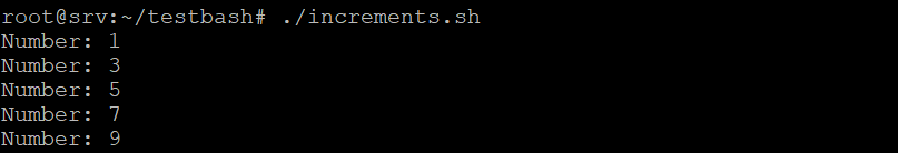 exemplo de saída de comando bash for loop com incrementos