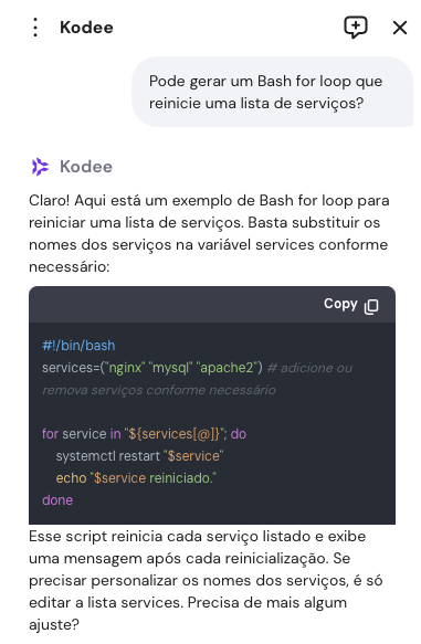 assistente de ia kodee criando script bash para reiniciar lista de serviços