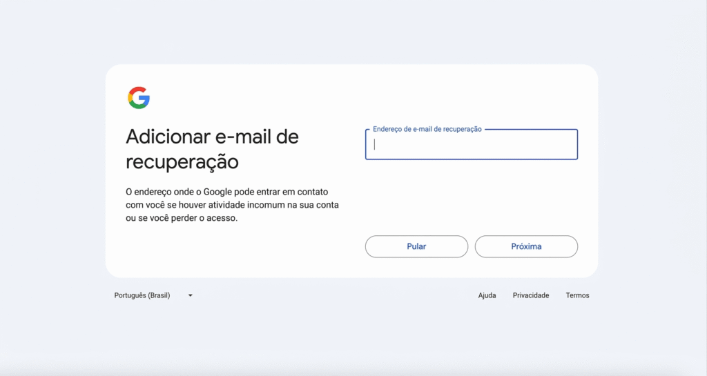 Campo de e-mail de recuperação na etapa de criação da conta do Gmail