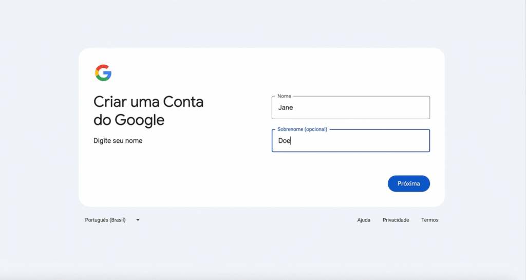 Campo de nome e sobrenome ao criar uma conta do Gmail