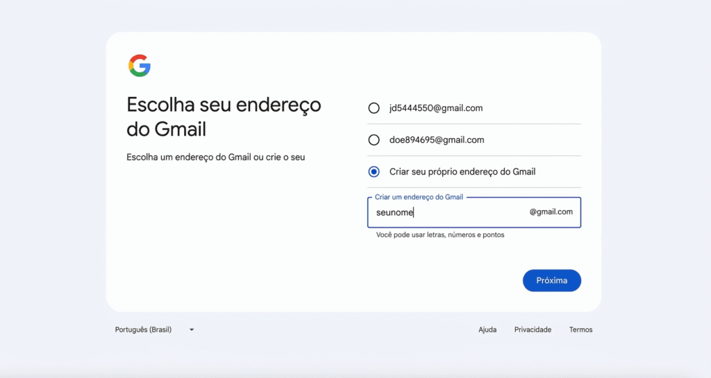 Página de criação de endereço de e-mail no Gmail