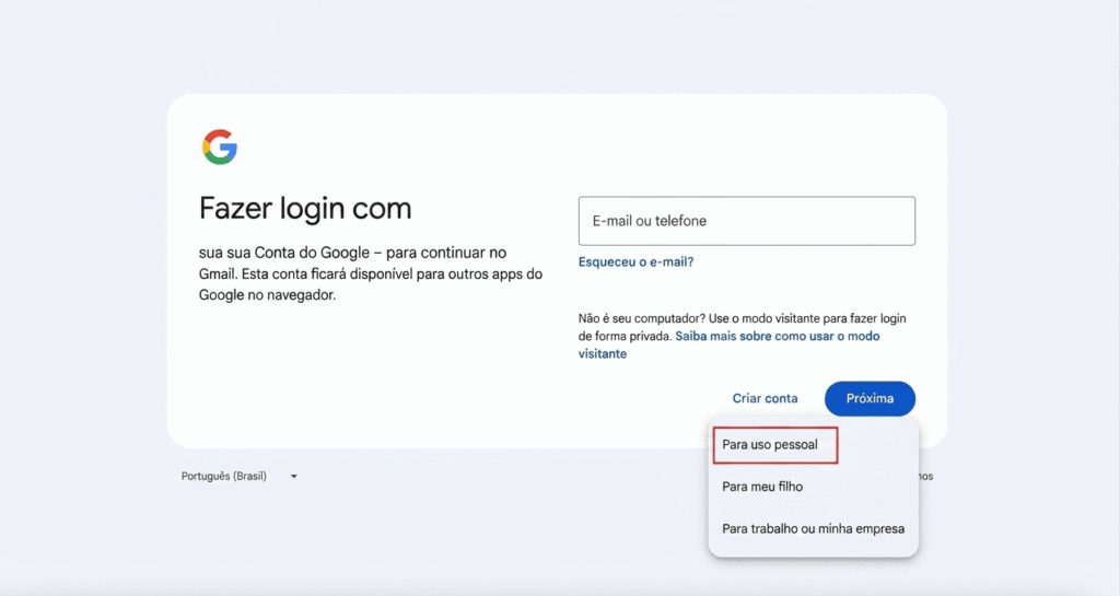 Opção “Para meu uso pessoal” destacada na nova página de criação de conta do Gmail