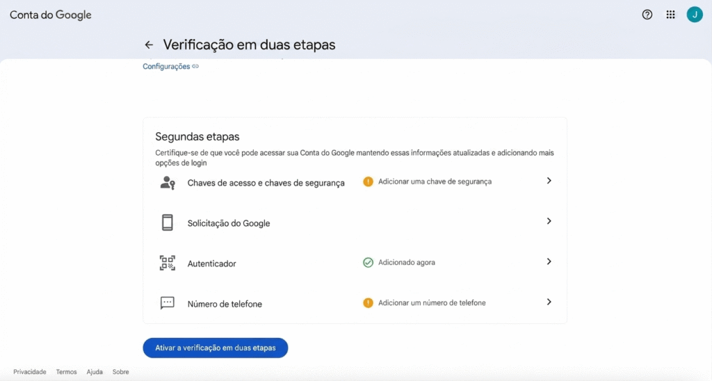 Configurações da verificação em duas etapas na Conta do Google