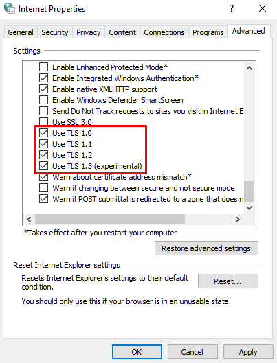 Opções de versões do TLS nas configurações de rede do Windows.