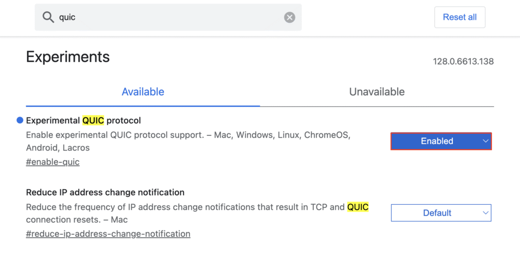 Opção de protocolo TLS 1.3 ativada nas configurações experimentais do Google Chrome.